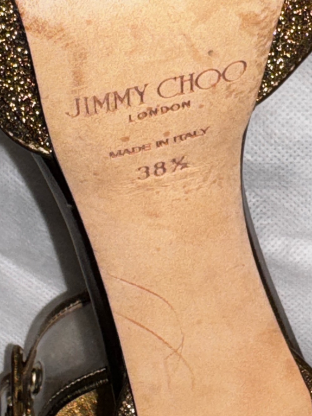 Jimmy Choo Gold Glitter Platform Ankle-Strap Heels - Picture 11 of 11